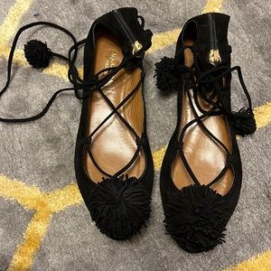 Aquazzura Black Pom Lace Up Ballet Flat